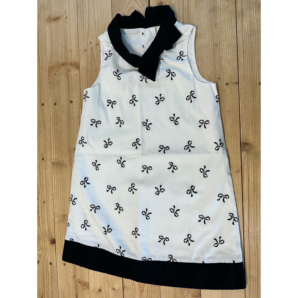 Janie and Jack Girls White Bow Print Dress with Black Collar Size 4